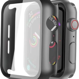 Misxi - Juego de 2 fundas rígidas de policarbonato con protector de pantalla de vidrio templado para Apple Watch Series 6 SE Series 5 y Series 4 de 44 mm negra