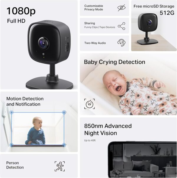 Tapo by TP-Link 1080P Cámara de seguridad para interior con detección de movimiento - audio de 2 vías y visión nocturna - Imagen 2
