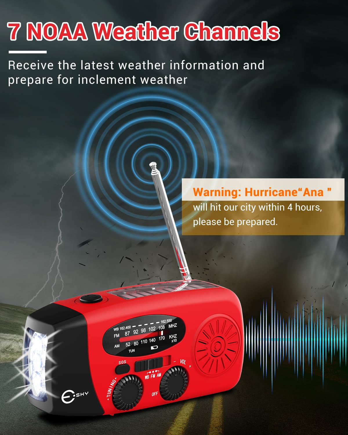 Radio de manivela de emergencia de 7400 mWh con linterna LED de 3 - Imagen 2