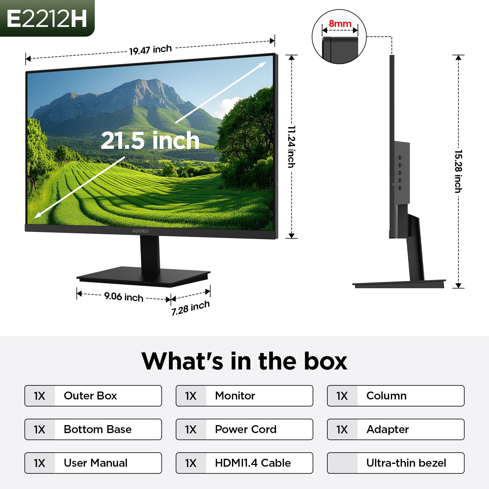 KOORUI Monitor de Computadora de 22 Pulgadas Full HD 1080P 120Hz VA VESA Low Blue Light E2212H - Imagen 6