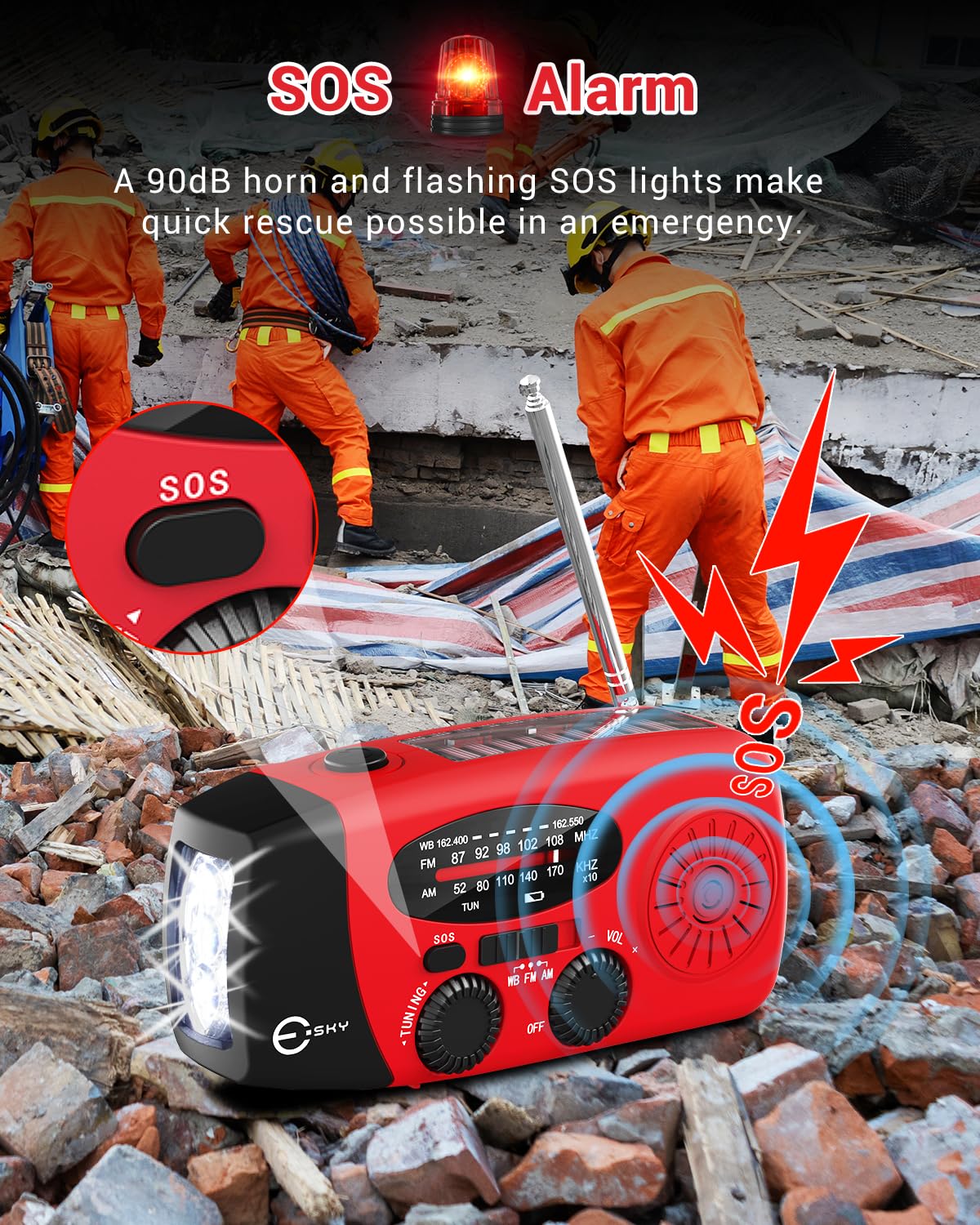 Radio de manivela de emergencia de 7400 mWh con linterna LED de 3 - Imagen 6